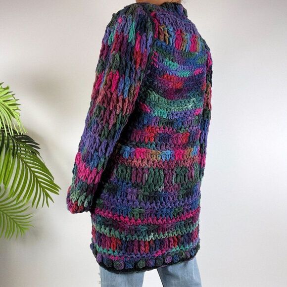 Vintage 80s Retro Chunky Knit Oversized Grandma Sweater Crochet Cardigan / Large - Picture 2 of 7